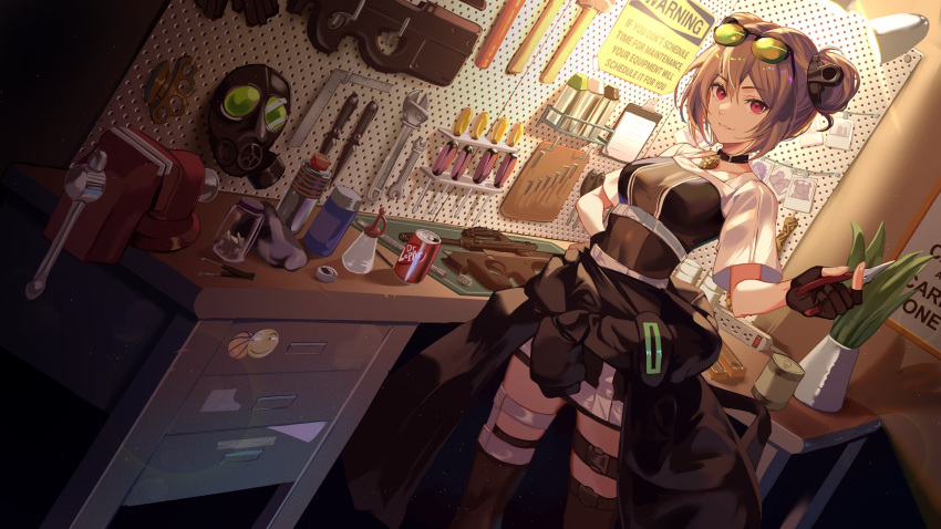 1girl brass_knuckles bullpup can gas_mask girls'_frontline gun hammer highres mask niac p90 p90_(girls'_frontline) plant screwdriver soda_can submachine_gun table weapon
