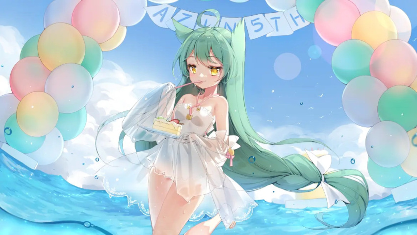 ahoge akashi_(azur_lane) animal_ears azur_lane balloon bare_shoulders blue_sky cake cat_ears cat_girl dress food green_hair long_hair long_sleeves low-braided_long_hair maya_g ocean see-through see-through_dress sky solo spoon utensil_in_mouth very_long_hair water water_drop white_dress yellow_eyes