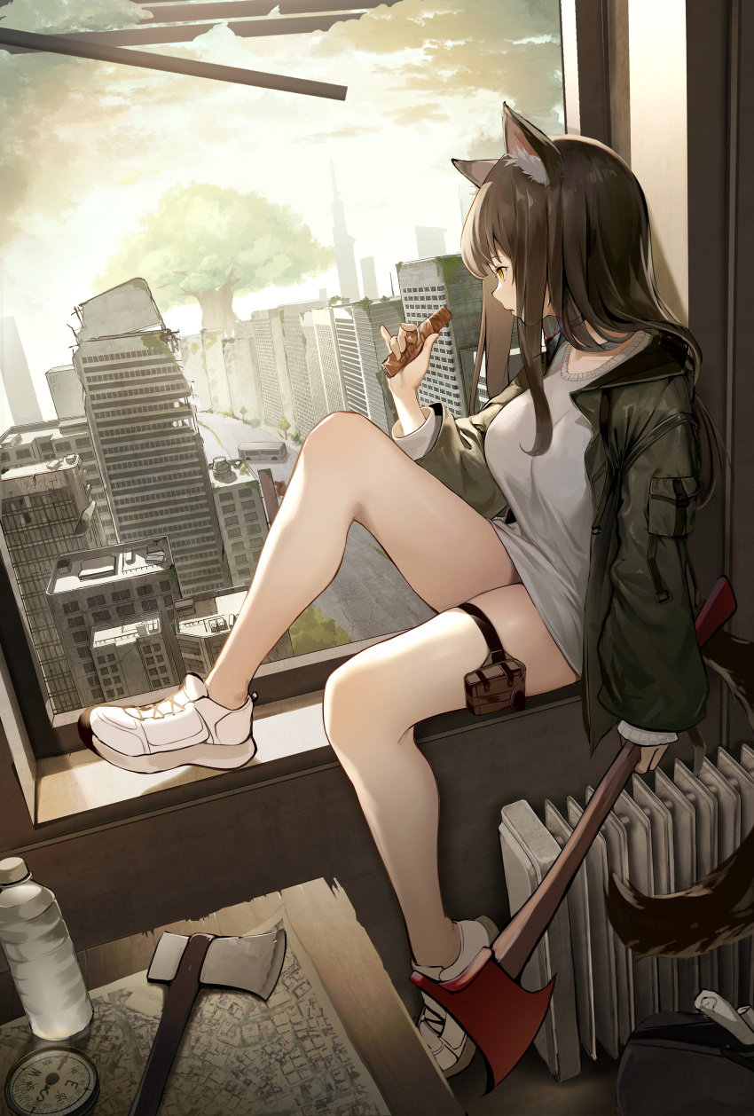 1girl absurdres air_conditioner animal_ears axe bag bottle breasts brown_hair building bus candy chocolate chocolate_bar commentary_request compass dampi duffel_bag food green_jacket ground_vehicle highres holding holding_axe holding_chocolate holding_food holster jacket korean_commentary large_breasts long_hair looking_outside map motor_vehicle no_legwear original shirt shoes sitting solo sunlight table tail thigh_holster thighs tower tree water_bottle white_footwear white_shirt window yellow_eyes