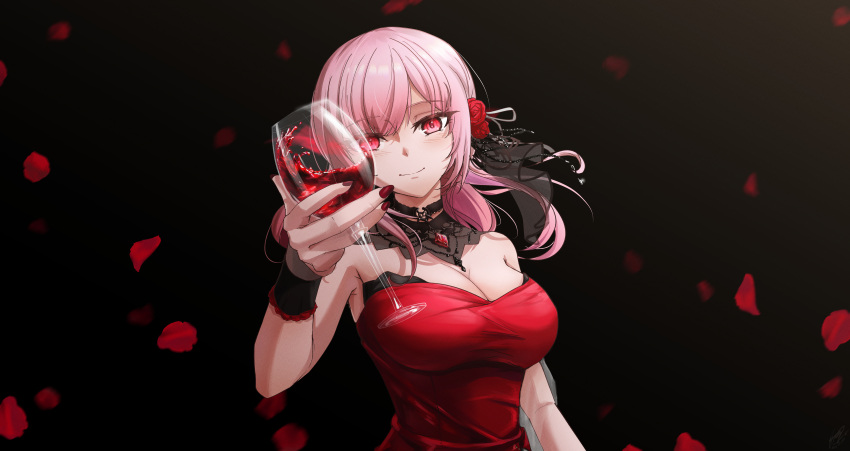 1girl absurdres alcohol armpits black_background breasts choker cleavage cup dress drinking_glass flower hair_flower hair_ornament highres hololive hololive_english large_breasts mori_calliope nail_polish petals pink_hair red_dress red_eyes rose_petals solo virtual_youtuber wine wine_glass wrist_cuffs zolomon_(jarvis_lin)