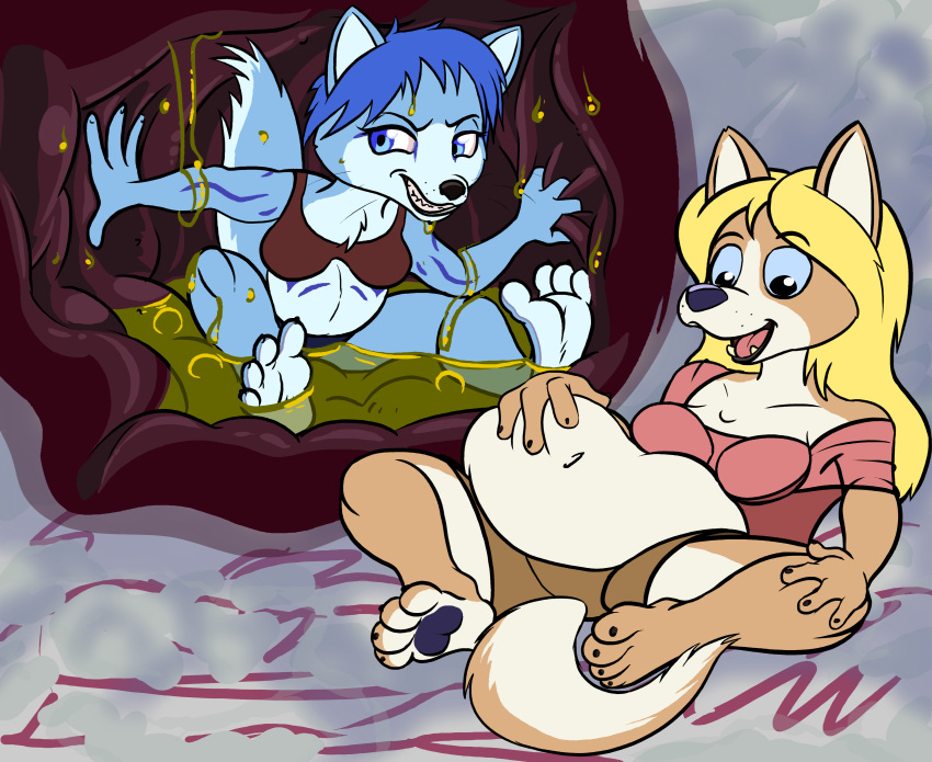 abdominal_bulge absurd_res anthro blonde_hair blue_eyes blue_hair bodily_fluids canid canine canis domestic_dog duo feedfancier female female/female female_pred female_prey fox hair hi_res mammal navel rumbling_stomach sharon_(feedfancier) stomach_acid vore zoe_(cakeinferno)