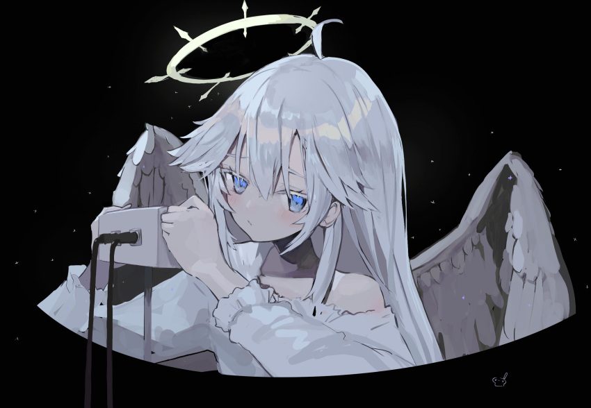 1girl ahoge angel bangs black_background blue_eyes closed_mouth feathered_wings frown hair_between_eyes halo highres indie_virtual_youtuber long_hair mashiro_rei retorillo shirt solo virtual_youtuber white_hair white_shirt wings wire