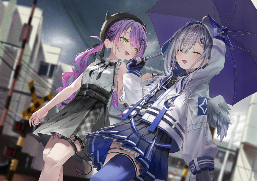 2girls absurdres amane_kanata angel_wings black_gloves black_headwear blue_legwear blue_skirt blush closed_eyes commentary demon_tail ear_piercing english_commentary fake_horns frilled_shirt frills fudepenbrushpen gloves green_eyes grey_hair grey_skirt hair_ornament hair_over_one_eye halo hat heart heart_tattoo highres holding holding_umbrella hololive hood hood_up hooded_jacket horned_headwear horns jacket leg_tattoo long_hair long_sleeves looking_at_another low_twintails multiple_girls multiple_piercings open_mouth partially_fingerless_gloves piercing pleated_skirt shirt single_thighhigh skirt sleeveless sleeveless_shirt sleeves_past_wrists smile star_halo tail tail_ornament tail_piercing tattoo thighhighs tokoyami_towa twintails umbrella virtual_youtuber white_jacket white_shirt wings x_hair_ornament