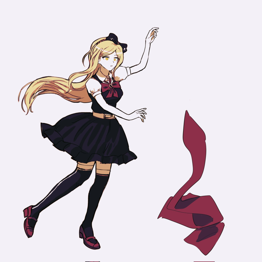 1girl arm_up bangs belt black_bow black_dress black_legwear bow bowtie braid cang_zi danganronpa_(series) danganronpa_2:_goodbye_despair dress hair_bow highres over-kneehighs parted_lips pink_scarf puffy_short_sleeves puffy_sleeves red_bow red_bowtie red_footwear scarf shiny shiny_hair short_sleeves solo sonia_nevermind teeth thighhighs white_belt yellow_eyes