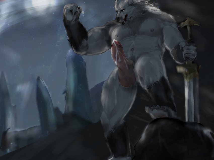 aban_wrench bareness blaidd_(elden_ring) canid canine canis ejaculation elden_ring erection fromsoftware genitals hi_res male mammal muscular penis seminal_fluid solo video_games werwolf wolf