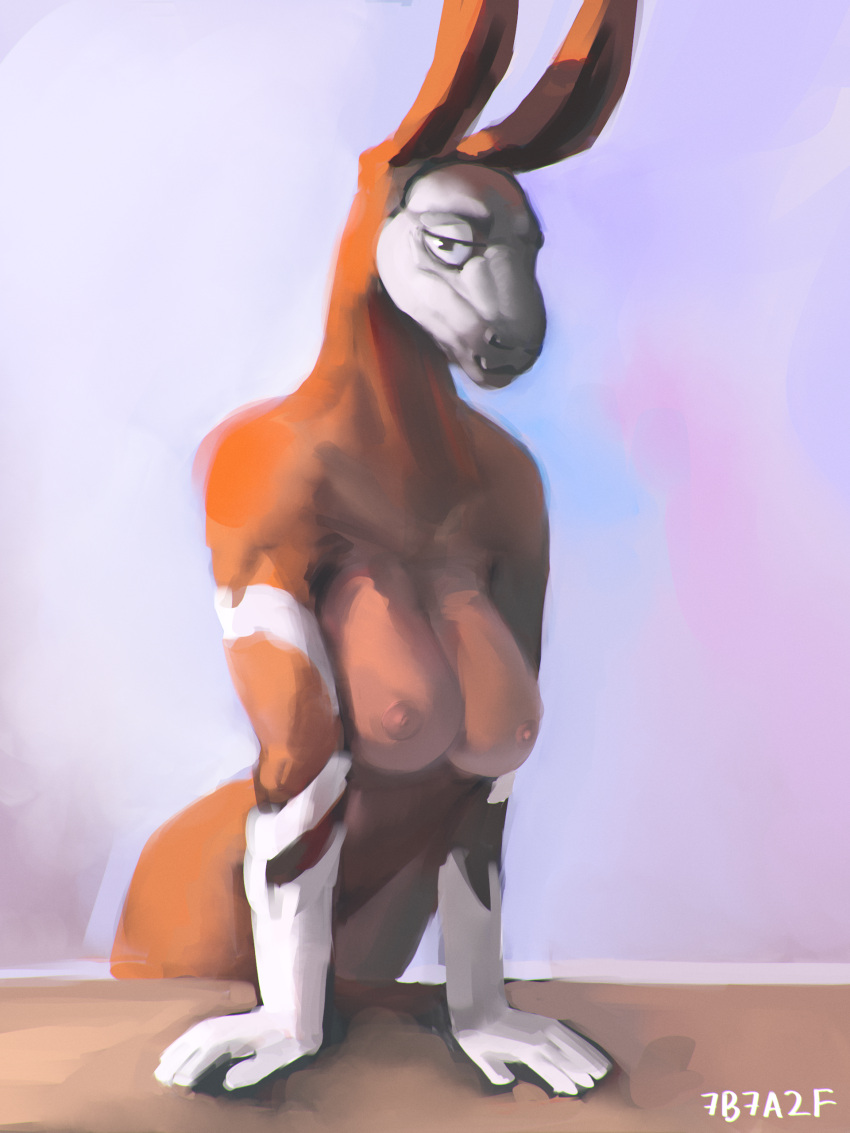 2022 5_fingers 7b7a2f absurd_res anthro big_breasts breasts digital_media_(artwork) digital_painting_(artwork) female fingers giraffid hi_res looking_at_viewer mammal nipples nude okapi orange_body signature smile solo standing