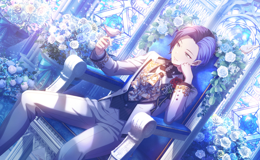 1boy aoyagi_touya aqua_ribbon ascot backlighting bangs bird bird_on_hand black_hair black_vest blue_flower blue_ribbon blue_rose blue_theme buttons closed_mouth colorful_palette column dutch_angle feet_out_of_frame flower flower_pot gold_trim grey_eyes highres indoors jacket light_blue_hair light_particles looking_at_animal male_focus mole mole_under_eye multicolored_hair official_alternate_costume official_alternate_hairstyle official_art pants pillar project_sekai red_flower red_rose ribbon rose shadow sitting smile split-color_hair stained_glass striped striped_ribbon striped_vest suit_jacket swept_bangs throne tsurime vertical-striped_vest vertical_stripes vest white_ascot white_bird white_flower white_jacket white_pants white_rose white_theme window yellow_flower yellow_rose