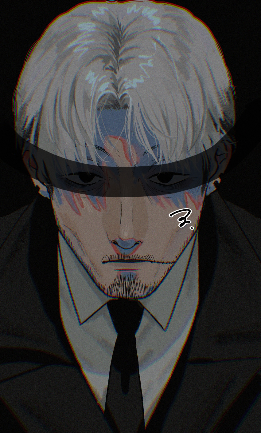 1boy bangs black_background black_coat black_necktie blindfold chainsaw_man coat collared_shirt curtained_hair ear_piercing eyes_visible_through_eyewear facial_hair formal grey_hair highres kishibe_(chainsaw_man) looking_at_viewer necktie piercing scar scar_on_cheek scar_on_face serious shirt simple_background solo suit ufufuahaha_okg white_shirt