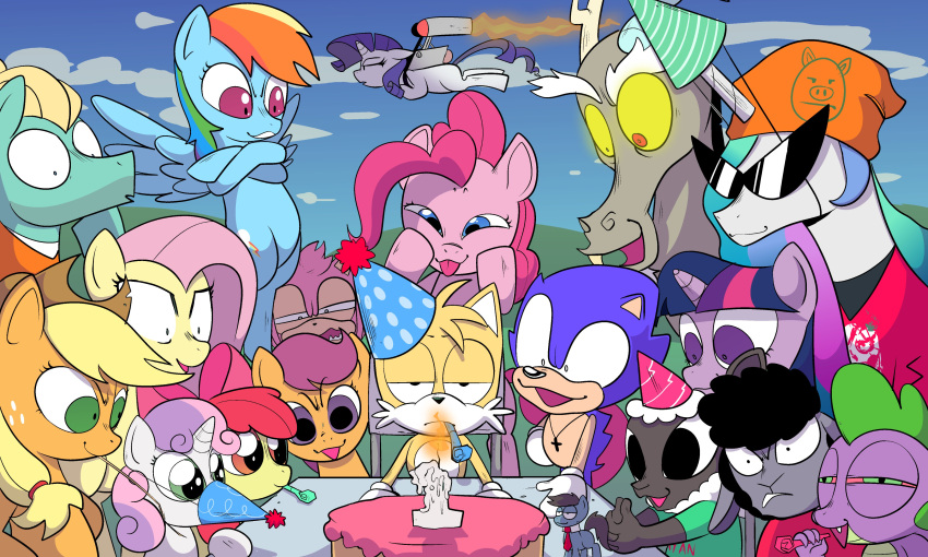 absurd_res amy_rose angry anthro antlers apple_bloom_(mlp) applejack_(mlp) beanie big_eyes big_pupils birthday birthday_cake birthday_hat bloodshot_eyes blue_eyes bovid cake candle canid canine caprine clenched_teeth clothing cloud cloudscape cross cross_necklace crossed_arms dessert discord_(mlp) dragon drugs equid equine eyebrows eyelashes eyewear female feral fire fluttershy_(mlp) food fox friendship_is_magic green_eyes group hasbro hat headgear headwear hi_res hill horn horse jet_pack jewelry male mammal miles_prower my_little_pony narrowed_eyes necklace open_mouth orange_eyes outside party_horn pegasus pinkie_pie_(mlp) pony princess_celestia_(mlp) pupils purple_eyes rainbow_dash_(mlp) scootaloo_(mlp) sega shaded sheep shirt simple_background simple_shading sky small_pupils smile smirk snaggle_tooth sonic_the_hedgehog sonic_the_hedgehog_(series) squint stoned substance_intoxication sunglasses swagstapiece sweetie_belle_(mlp) teeth topwear toy twilight_sparkle_(mlp) unamused unicorn unicorn_horn wide_eyed winged_unicorn wings zephyr_breeze_(mlp)