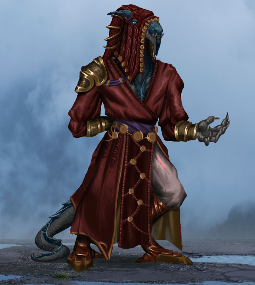 absurd_res alien anthro athavan blue_body blue_eyes blue_scales bumi_(species) clothing digitigrade dune_(series) footwear hazer_wan-jafaar hi_res hood horn jewelry lizard male puddle reptile robe scales scalie shoes shoulder_guards solo standing story story_in_description water