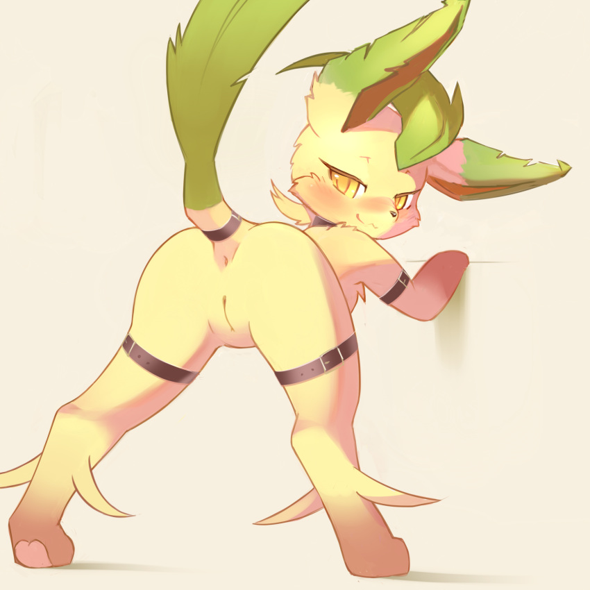 1girl :3 against_wall ancesra animal_ears animal_feet animal_hands animal_nose anus arm_strap ass ass_focus belt bent_over blush body_fur brown_background brown_fur closed_mouth from_behind full_body furry furry_female green_hair half-closed_eyes hand_up happy highres leafeon legs_apart looking_at_viewer looking_back non-web_source nose_blush pawpads pokemon pokemon_(creature) presenting pussy short_hair simple_background smile snout solo split_mouth standing tail tail_ornament tail_raised tail_ring thigh_strap two-tone_fur uncensored yellow_eyes yellow_fur