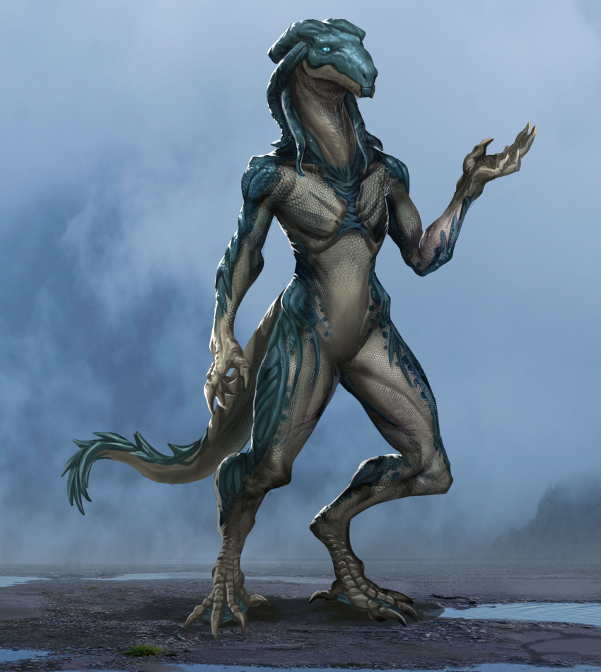 absurd_res alien amaal_wan-jafaar anthro athavan blue_eyes bumi_(species) digitigrade dune_(series) featureless_chest featureless_crotch female flat_chested head_tails hi_res lizard nude reptile scales scalie solo standing turquoise_body turquoise_scales white_body white_scales