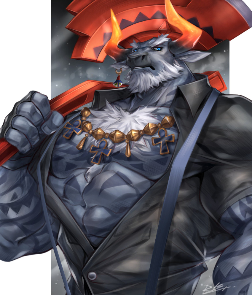 anthro axe beard blue_eyes bovid bovine cattle dislyte djoser_(dislyte) ear_piercing ear_ring facial_hair hi_res horn jewelry male mammal melee_weapon necklace piercing rabbity solo suspenders tattoo weapon white_beard