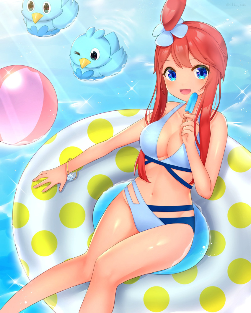 1girl adapted_costume afloat ball banned_artist beachball bikini blue_bikini blue_eyes bracelet breasts cleavage collarbone commentary_request ducklett food glint hair_ornament highres holding innertube jewelry knees_together_feet_apart looking_at_viewer navel one_side_up pokemon pokemon_(creature) pokemon_(game) pokemon_bw popsicle red_hair shiny shiny_skin short_hair_with_long_locks sidelocks skyla_(pokemon) sparkle swimsuit takahara water