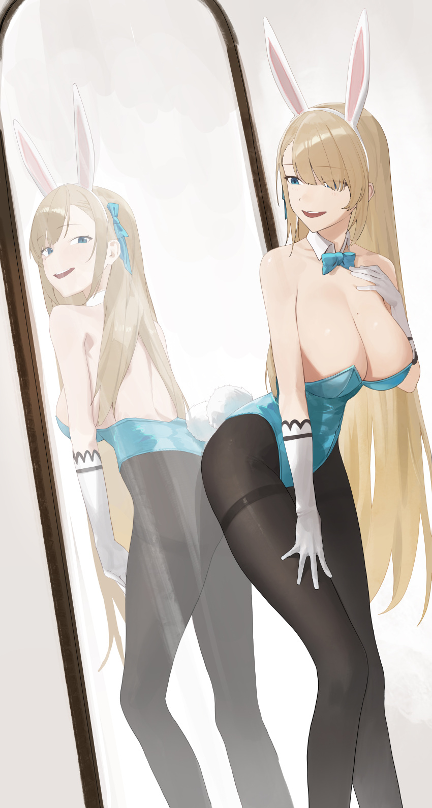 1girl absurdly_long_hair absurdres animal_ears asuna_(blue_archive) asuna_(bunny_girl)_(blue_archive) bangs bare_shoulders black_background black_legwear blue_archive blue_bow blue_bowtie blue_leotard blush bow bowtie breasts brown_hair chinese_commentary cleavage commentary covered_navel detached_collar elbow_gloves fake_animal_ears full_body gloves hair_over_one_eye hairband highres large_breasts leotard long_hair looking_at_viewer mirror one_eye_covered pantyhose parted_lips playboy_bunny rabbit_ears reflection simple_background sitting smile so_shio solo thighs very_long_hair white_footwear white_gloves white_hairband