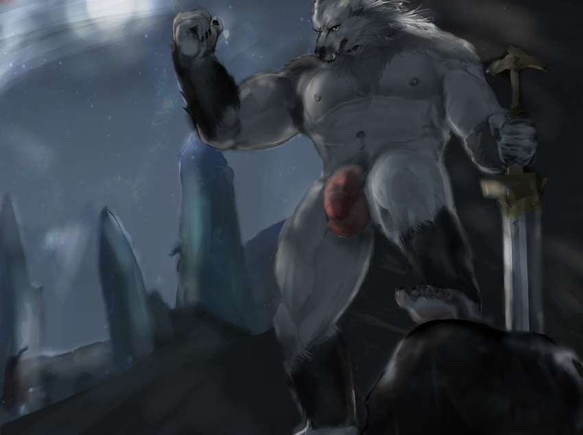 aban_wrench bareness blaidd_(elden_ring) canid canine canis elden_ring fromsoftware genitals hi_res male mammal muscular penis solo video_games werwolf wolf
