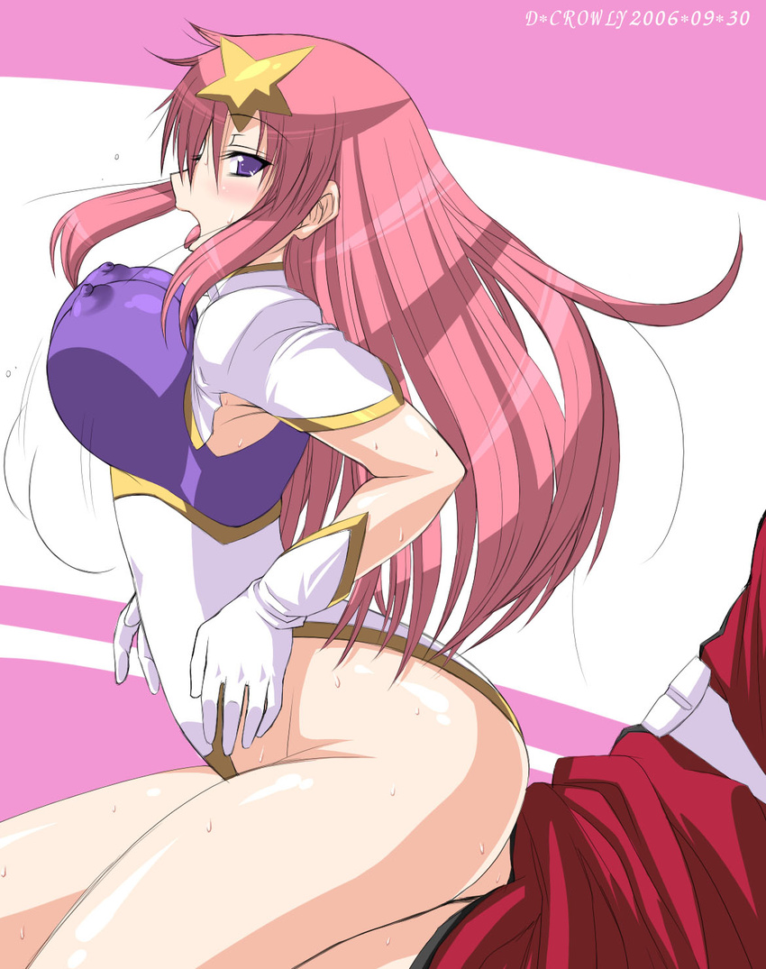 blush bouncing_breasts breasts covered_nipples curvy d_kurouri girl_on_top gloves gundam gundam_seed gundam_seed_destiny hair_ornament highleg highres large_breasts leotard long_hair meer_campbell open_mouth pink_hair purple_eyes purple_leotard reverse_cowgirl_position sex skin_tight solo_focus spandex star star_hair_ornament straddling sweat tongue white_leotard