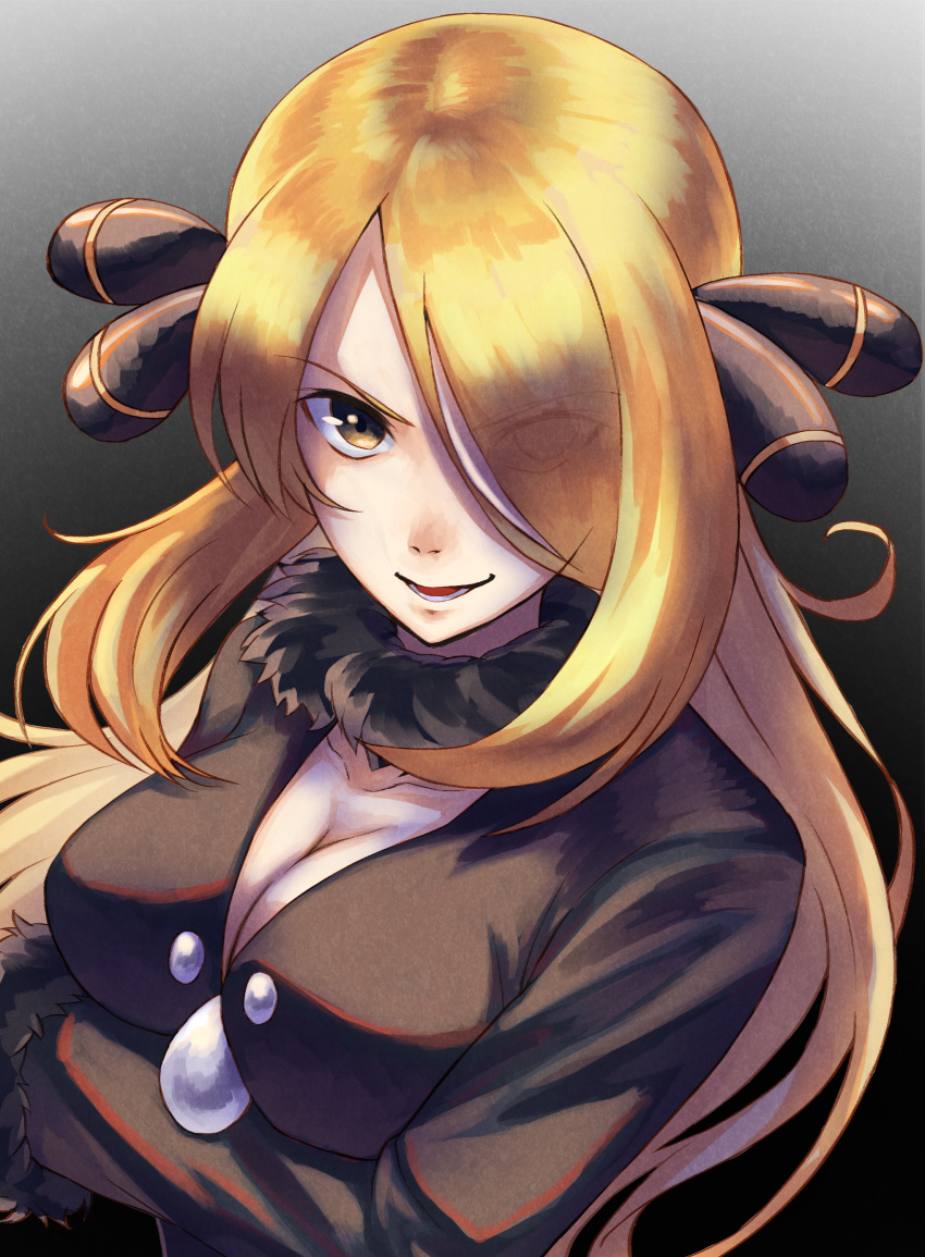 1girl :d absurdres blonde_hair breasts brown_eyes cleavage creatures_(company) eyes_visible_through_hair floating_hair game_freak gradient gradient_background grey_background hair_ornament highres long_hair looking_at_viewer medium_breasts nintendo open_mouth pokemon pokemon_(game) pokemon_dppt shirona_(pokemon) smile solo upper_body very_long_hair w-moz9-w