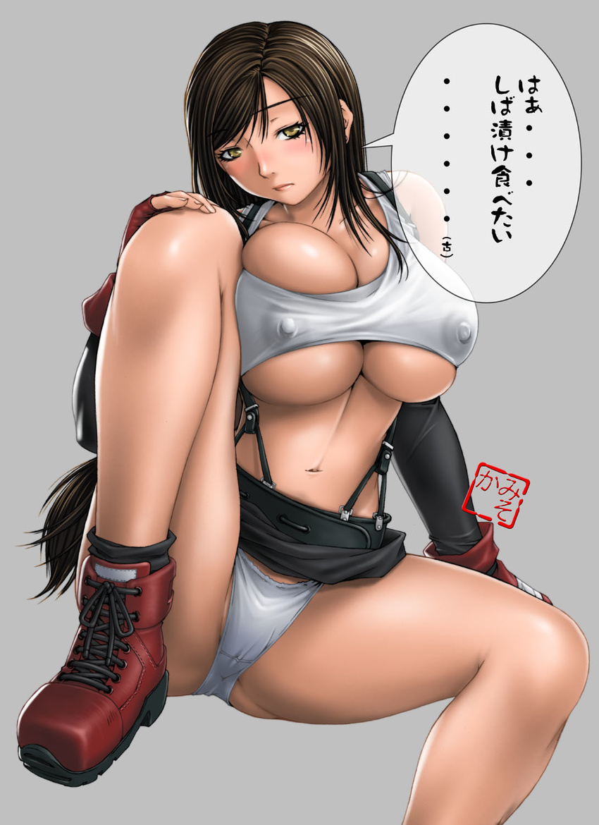 blush breast_squeeze breasts brown_hair cleavage covered_nipples final_fantasy final_fantasy_vii fumizuki_misoka gloves highres huge_breasts long_hair midriff miniskirt nipples panties pantyshot pencil_skirt skirt skirt_lift solo suspender_skirt suspenders tifa_lockhart underwear white_panties