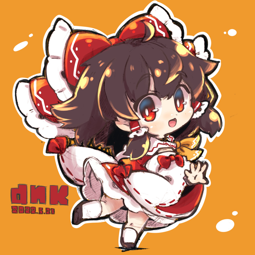 1girl ascot bare_shoulders brown_footwear brown_hair chibi collared_vest commentary_request detached_sleeves dnk full_body hakurei_reimu highres long_sleeves looking_at_viewer looking_back medium_hair open_mouth red_eyes red_skirt red_vest skirt solo standing standing_on_one_leg touhou vest white_legwear white_sleeves wide_sleeves yellow_ascot yellow_background