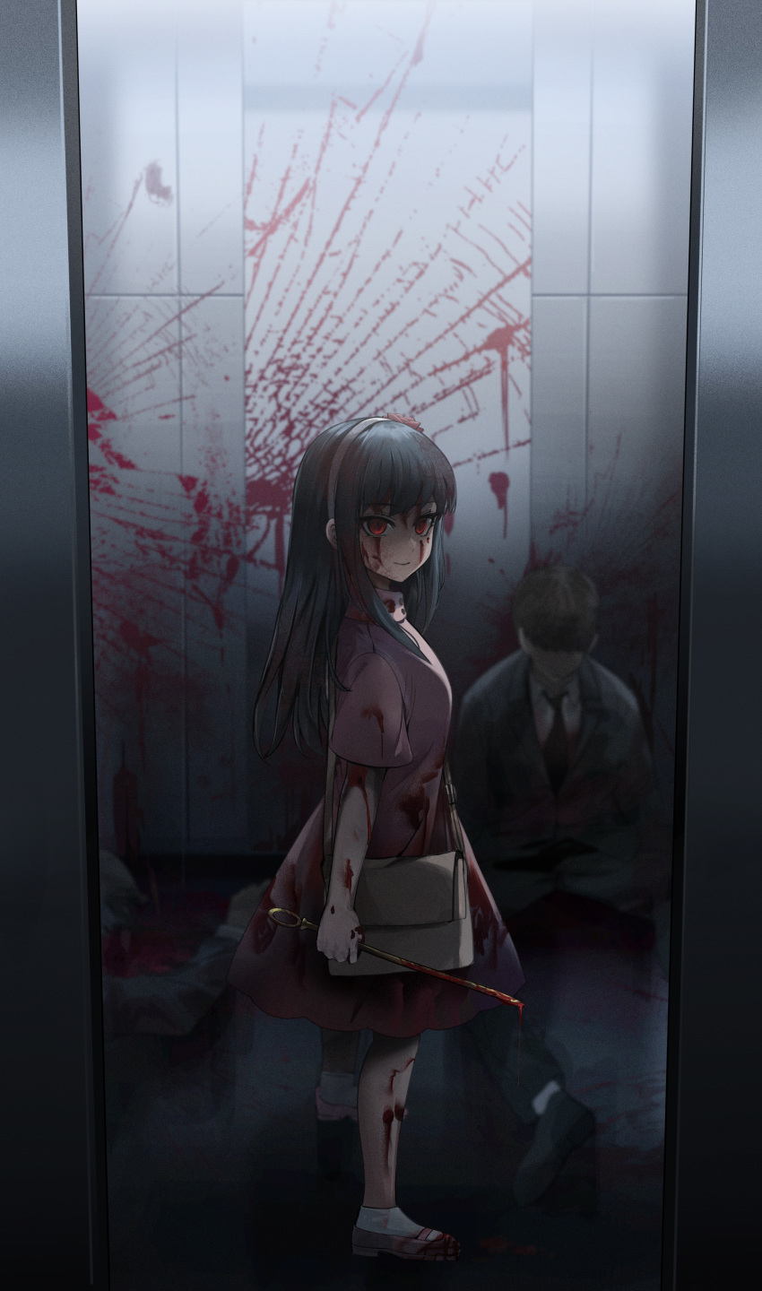 1boy 1girl absurdres bag black_hair blood blood_on_arm blood_on_clothes blood_on_face blood_on_hands blood_on_leg blood_on_wall blood_on_weapon blood_splatter blood_stain closed_mouth commentary corpse dagger dress formal from_side full_body hairband handbag highres holding holding_dagger holding_weapon knife long_hair murder necktie pink_dress red_eyes shoes short_sleeves smile socks solo_focus spy_x_family stiletto_(weapon) straight_hair suit teenage weapon white_hairband yor_briar younger yuki_(asayuki101)