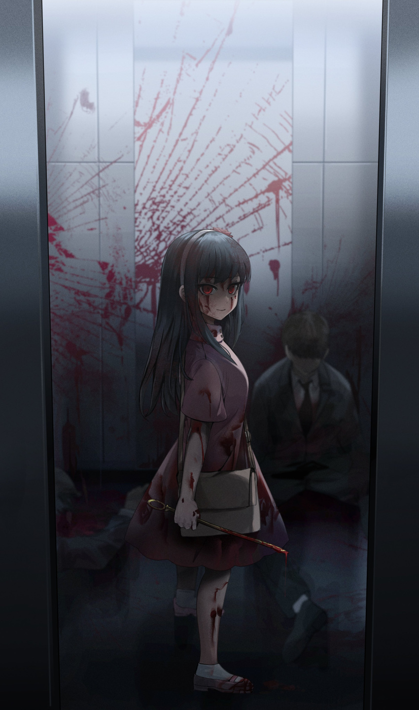 1boy 1girl absurdres bag black_hair blood blood_on_arm blood_on_clothes blood_on_face blood_on_hands blood_on_leg blood_on_wall blood_on_weapon blood_splatter blood_stain closed_mouth corpse dagger dress formal from_side full_body hairband handbag highres holding holding_dagger holding_weapon knife long_hair murder necktie pink_dress red_eyes shoes short_sleeves smile socks solo_focus spy_x_family stiletto_(weapon) straight_hair suit teenage weapon white_hairband yor_briar younger yuki_(asayuki101)