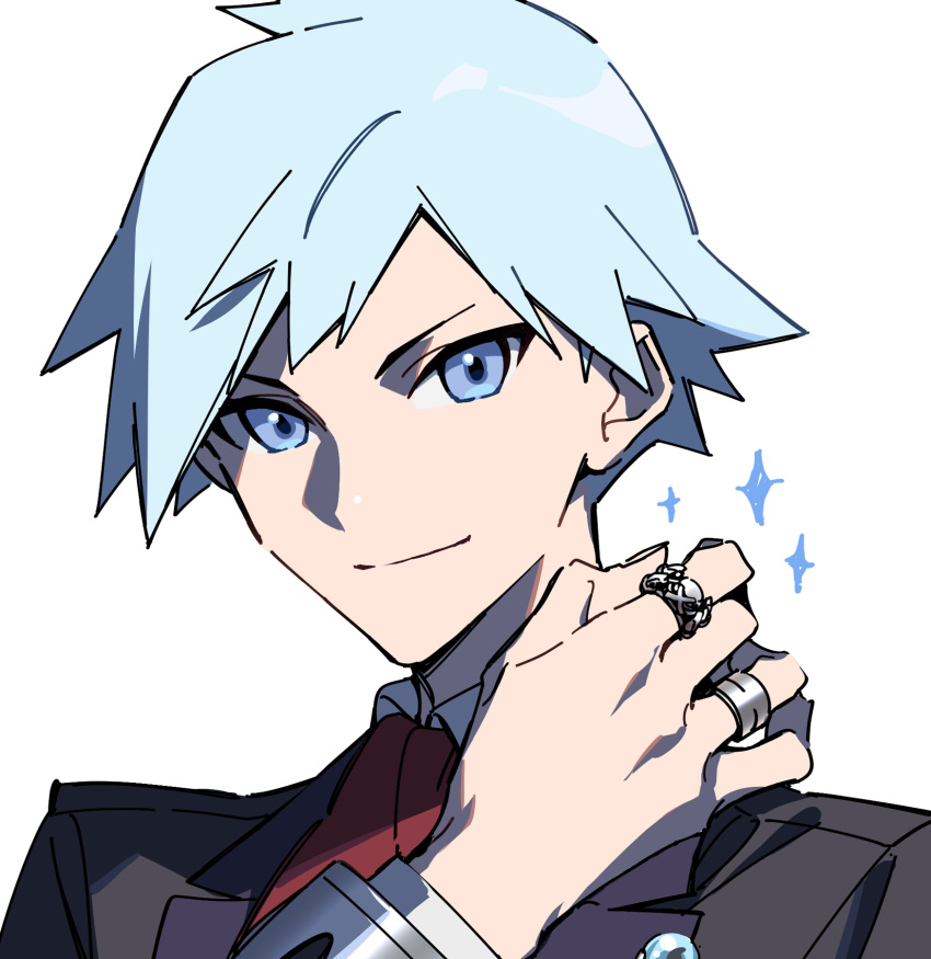 1boy bangs black_jacket blue_eyes blue_hair closed_mouth collared_shirt commentary_request hand_up highres jacket jewelry long_sleeves male_focus necktie pokemon pokemon_(game) pokemon_oras red_necktie ring shirt short_hair simple_background smile solo sparkle steven_stone upper_body white_background white_shirt xia_(ryugo)