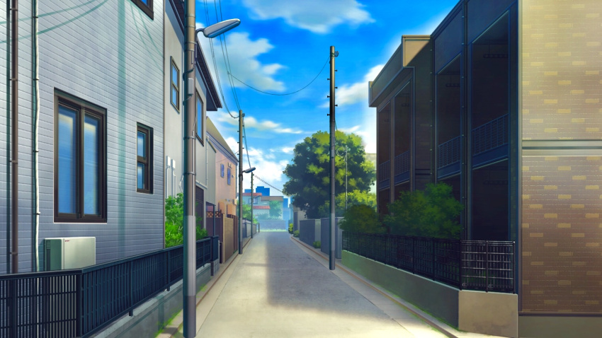 blue_sky building bush cloud commentary_request fence house industrial_pipe mituura no_humans original power_lines road scenery shadow sky street summer tree utility_pole