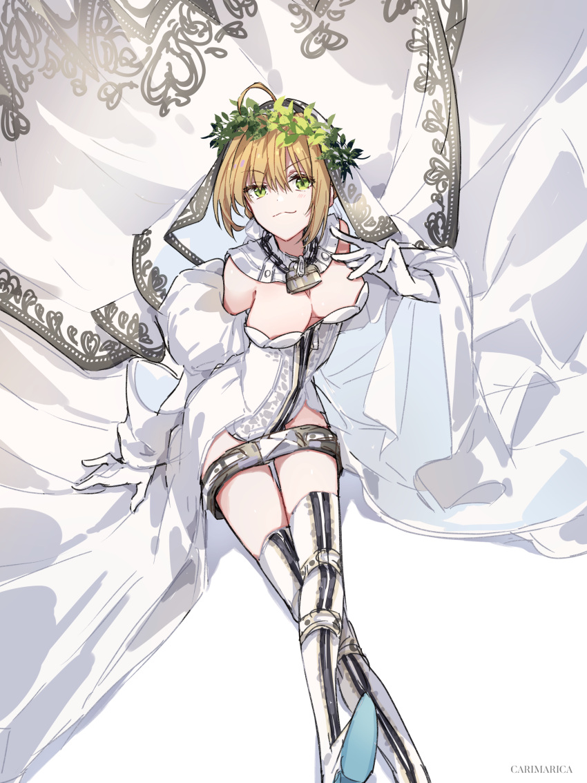1girl absurdres ahoge bangs bare_shoulders belt blonde_hair blush breasts carimarica chain cleavage detached_collar detached_sleeves elbow_gloves fate/extra fate/extra_ccc fate/grand_order fate_(series) flower_wreath full-length_zipper gloves green_eyes hair_between_eyes hair_intakes head_wreath highleg highleg_leotard highres large_breasts leotard lock long_hair looking_at_viewer loose_belt nero_claudius_(bride)_(fate) nero_claudius_(fate) padlock puffy_sleeves smile solo thighhighs thighs veil white_gloves white_legwear white_leotard wide_sleeves zipper zipper_pull_tab