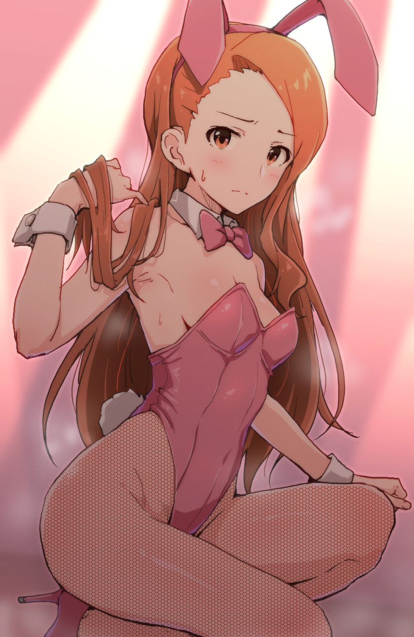 1girl absurdres animal_ears armpits bare_shoulders blush bow bowtie brown_eyes brown_hair brown_legwear closed_mouth covered_navel detached_collar fake_animal_ears fake_tail fishnet_legwear fishnets forehead frown heavy_breathing high_heels highres idolmaster idolmaster_(classic) leotard long_hair looking_at_viewer minase_iori one_knee pink_bow pink_bowtie pink_footwear pink_leotard playboy_bunny rabbit_ears rabbit_tail solo strapless strapless_leotard tail tengu_(tetuo_kun) very_long_hair wrist_cuffs