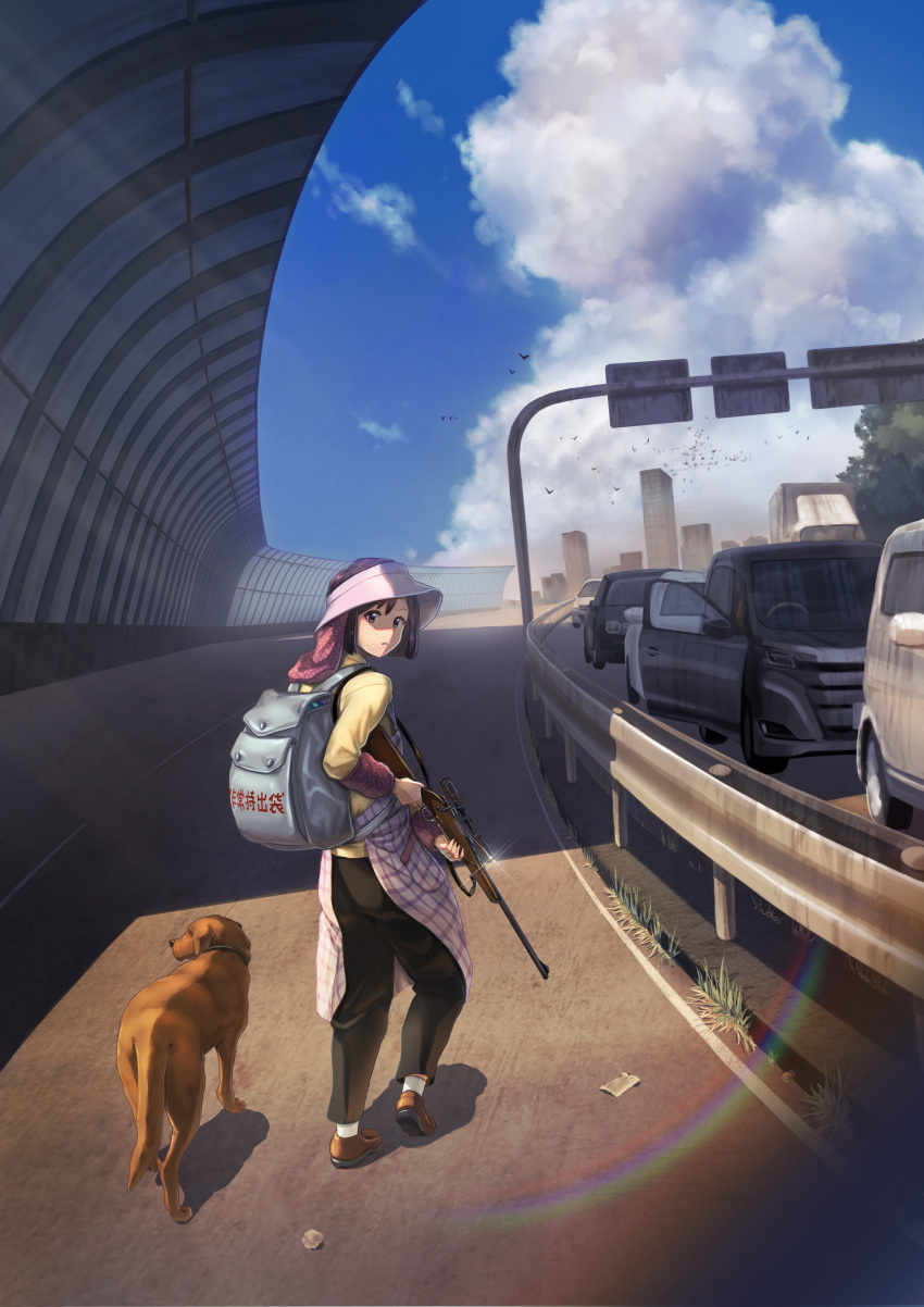 1girl absurdres apron backpack bag bird black_pants blue_sky brown_footwear brown_hair car cloud cloudy_sky commentary_request dog grass ground_vehicle guard_rail gun highres highway holding holding_gun holding_weapon looking_at_viewer looking_back motor_vehicle original pants plaid plaid_apron rifle road shadow shirt shoes short_hair sky weapon yappo_(point71) yellow_shirt