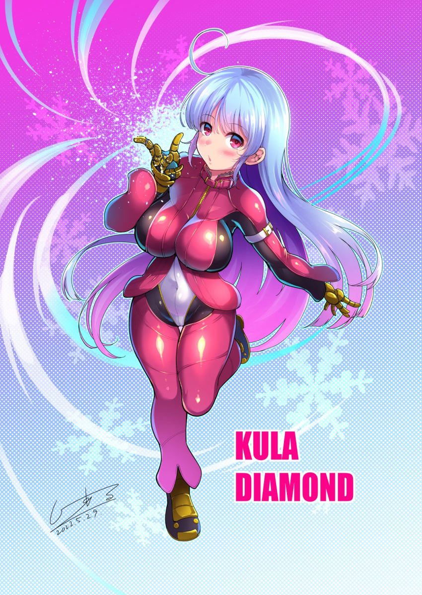 1girl ahoge bangs belt blue_hair bodysuit breasts c.r. dithering eyebrows_visible_through_hair full_body gloves highres kula_diamond large_breasts long_hair looking_at_viewer purple_eyes signature simple_background snowflakes the_king_of_fighters the_king_of_fighters_xv