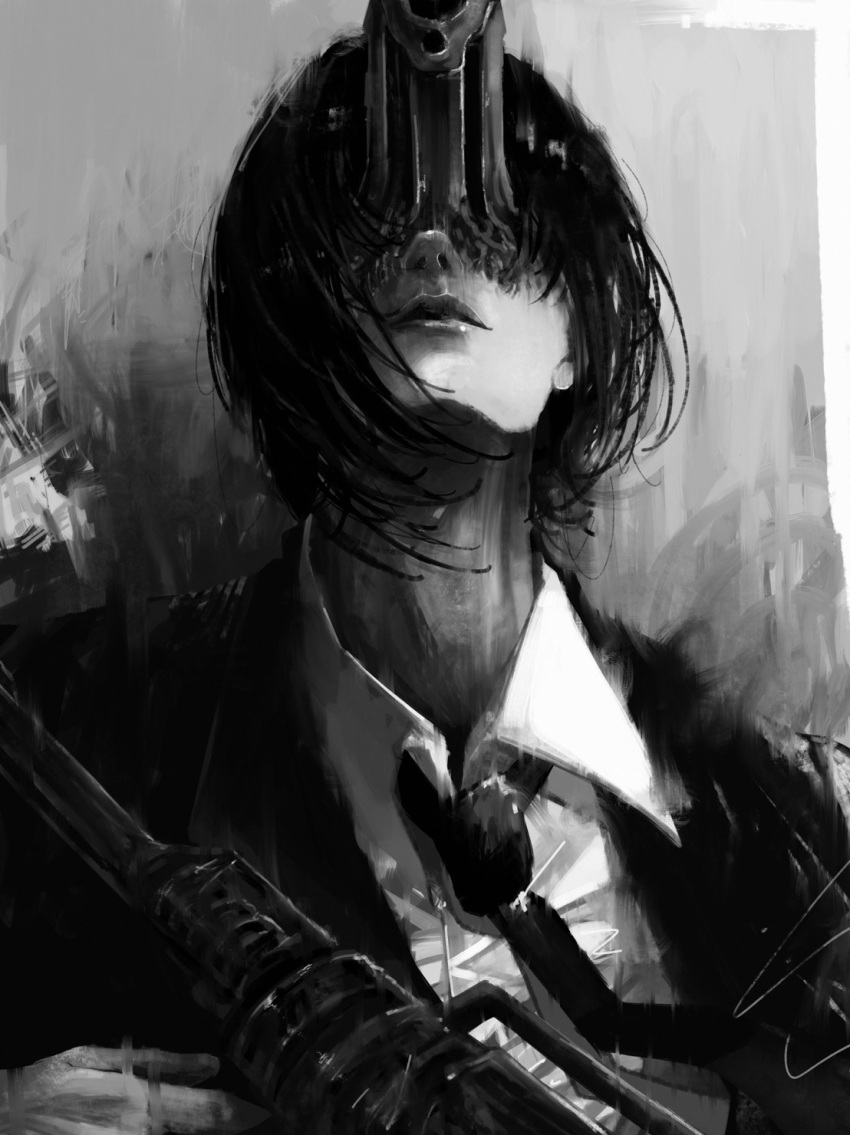 1boy assault_rifle bangs black_hair black_necktie black_suit chainsaw_man collared_shirt covered_eyes facing_up formal grey_background greyscale gun handgun hayakawa_aki highres hybrid m4_carbine male_focus monochrome necktie rifle shirt short_hair solo standing suit suit_jacket user_hakd4743 weapon white_shirt