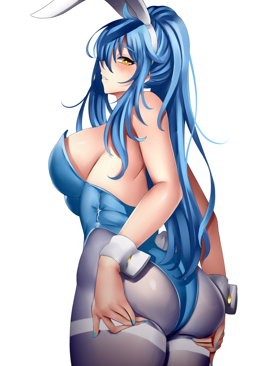 1girl animal_ears ass ass_support bare_shoulders blue_hair blue_leotard blush breasts character_request fake_animal_ears fake_tail from_behind headband highres large_breasts leotard long_hair nail_polish non-web_source original pantyhose playboy_bunny ponytail profile rabbit_ears rabbit_tail sideboob smile solo tail teeth thighband_pantyhose white_background whitewaffle wrist_cuffs yellow_eyes