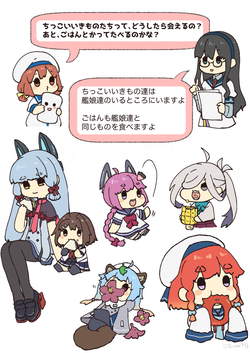 absurdres abyssal_ship apollo_chocolate asashimo_(kancolle) asashimo_kai_ni_(kancolle) chibi commentary_request corn dress enemy_lifebuoy_(kancolle) etorofu_(kancolle) flower food furutaka_(kancolle) highres kaiboukan_no._4_(kancolle) kantai_collection long_hair murakumo_(kancolle) murakumo_kai_ni_(kancolle) nami_nami_(belphegor-5812) nenohi_(kancolle) ooyodo_(kancolle) pantyhose sado_(kancolle) sailor_collar sailor_dress sandwich school_uniform serafuku sharp_teeth short_hair simple_background sitting teeth translation_request white_background