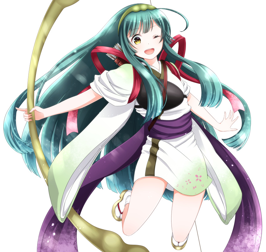 1girl :d absurdres ahoge arrow_(projectile) back_bow bangs blunt_bangs bow bow_(weapon) chest_protector clothing_request dress food-themed_hair_ornament geta green_hair hair_ornament hairband highres holding holding_bow_(weapon) holding_weapon index_finger_raised japanese_clothes jumping kimono lens_flare lens_flare_abuse long_hair looking_at_viewer obi one_eye_closed open_mouth outstretched_arm pea_pod quiver ribbon sandals sash shiny shiny_hair smile solo swept_bangs tabi touhoku_zunko very_long_hair vocaloid voiceroid weapon wide_sleeves yamagara yellow_eyes