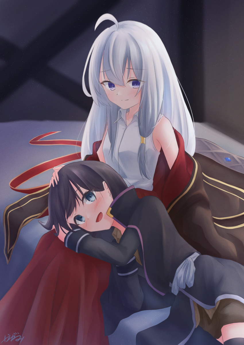 2girls absurdres aqua_eyes bed black_hair elaina_(majo_no_tabitabi) grey_hair hand_on_another's_head highres kagami16181 long_hair looking_at_another majo_no_tabitabi multiple_girls purple_eyes saya_(majo_no_tabitabi) short_hair yuri