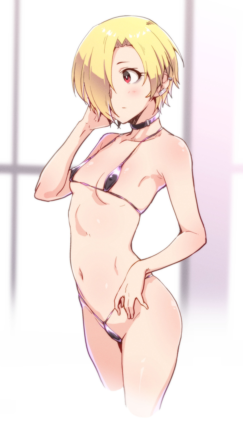 1girl \||/ absurdres bags_under_eyes bare_legs bare_shoulders bikini black_bikini blonde_hair blush breasts choker collarbone covered_nipples cowboy_shot ear_piercing groin hand_on_own_face hand_up highres idolmaster idolmaster_cinderella_girls looking_away micro_bikini navel piercing red_eyes shirasaka_koume short_hair small_breasts solo standing swimsuit tengu_(tetuo_kun)