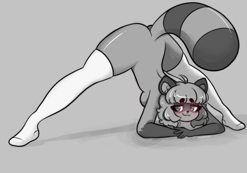 :3 anthro bent_over black_and_white blush breasts butt female hi_res jack-o'_pose long_socks mammal monochrome nude pose procyonid pulilimo pulilimo_(pulilimo) raccoon raised_tail solo