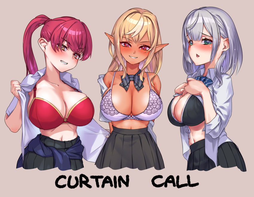 &gt;:) 3girls :o absurdres adjusting_clothes alternate_costume areola_slip arms_behind_back bangs bare_shoulders black_bra black_skirt blunt_bangs blush bow bow_bra bowtie bra breast_suppress breasts chestnut_mouth cleavage clothes_around_waist collarbone collared_shirt cropped_torso crossed_bangs curtain_call_challenge_(meme) dark-skinned_female dark_elf dark_skin dress_shirt elf eyebrows_visible_through_hair from_side gold_trim green_eyes grey_background grin hands_up head_tilt heterochromia high-waist_skirt highres holding holding_clothes holding_shirt hololive houshou_marine lace-trimmed_bra lace_trim large_breasts long_hair long_sleeves looking_at_viewer matching_outfit meme miniskirt multicolored_hair multiple_girls narrow_waist naughty_face navel open_clothes open_mouth open_shirt orange_eyes otk partially_unbuttoned pink_bra pleated_skirt pointy_ears ponytail red_bra red_eyes red_hair school_uniform shiranui_flare shirogane_noel shirt shirt_removed short_sleeves sidelocks simple_background skirt sleeves_rolled_up smile straight-on strap_gap streaked_hair striped striped_bow striped_bowtie sweater sweater_around_waist swept_bangs tsurime unbuttoned unbuttoned_skirt underwear undressing uniform untucked_shirt v-shaped_eyebrows virtual_youtuber white_hair white_shirt yellow_eyes