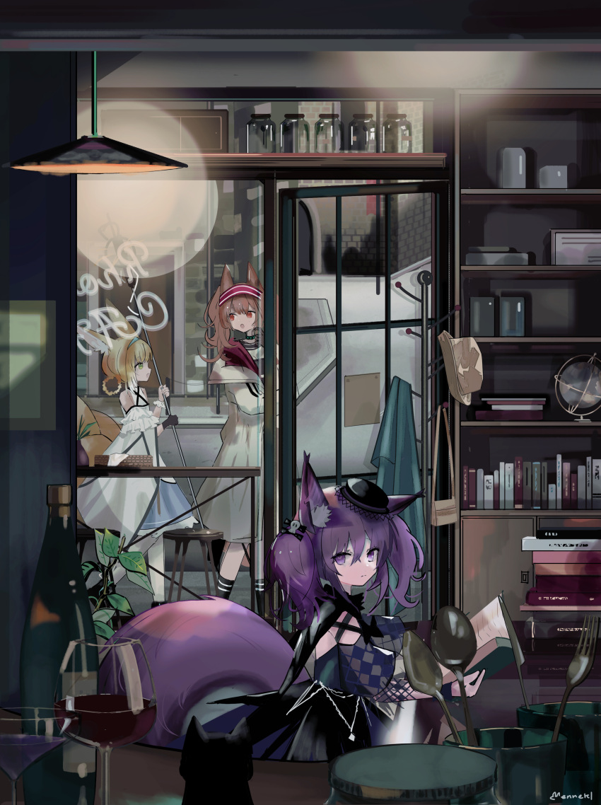 3girls absurdres angelina_(arknights) animal_ear_fluff animal_ears arknights artist_name bag black_cat black_dress black_footwear black_gloves black_headwear black_legwear blonde_hair blue_hairband book book_stack bottle brown_eyes brown_hair cafe cat ceiling_light christine_(arknights) closed_mouth clothes_rack coat commentary cup detached_sleeves dress drinking_glass enne_kl fork fox_ears fox_tail glass_door globe gloves gothic green_eyes hair_between_eyes hair_ornament hair_rings hairband handbag hat highres holding holding_book holding_staff infection_monitor_(arknights) jar knife light_frown looking_at_animal looking_at_another multiple_girls open_book open_mouth plant potted_plant puffy_short_sleeves puffy_sleeves purple_eyes purple_hair red_hairband road shamare_(arknights) shamare_(echo_of_the_horrorlair)_(arknights) shelf shoes short_hair short_sleeves sidewalk single_glove skull_hair_ornament socks spoon staff stool street suzuran_(arknights) table tail twintails white_coat white_dress wide_sleeves window wine_bottle wine_glass wrist_cuffs