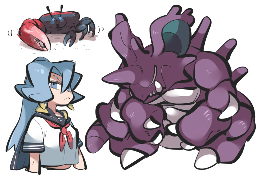 1girl alternate_costume bangs black_sailor_collar clair_(pokemon) claws closed_mouth commentary_request crab cropped_shirt earrings frown grey_eyes grey_hair highres jewelry long_hair neckerchief nidoking pokemon pokemon_(creature) pokemon_(game) pokemon_hgss ponytail red_neckerchief sailor_collar school_uniform serafuku shirt short_sleeves tirarizun white_background white_shirt