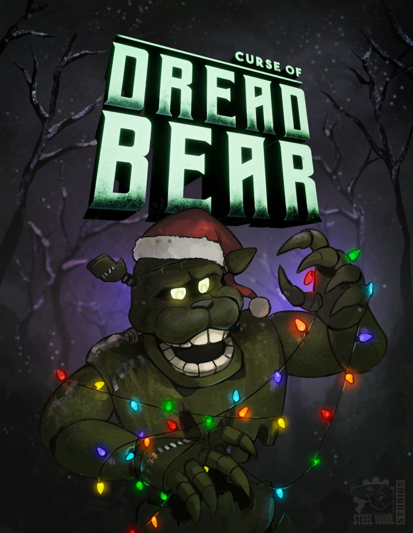 5_fingers animatronic anthro christmas christmas_clothing christmas_headwear christmas_lights claws clothing dead_tree dreadbear_(fnaf) english_text entangled finger_claws fingers five_nights_at_freddy's_vr:help_wanted glowing glowing_eyes hat headgear headwear hi_res holidays logo machine male mammal notched_ear open_mouth plant robot santa_hat snow snowing solo stitch_(sewing) teeth text tree ursid