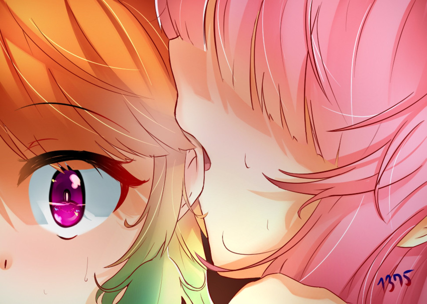 2girls biting blowing_in_ear blush closed_eyes couple ear_biting ear_focus ear_grab earrings eyebrows_visible_through_hair feather_earrings feathers gradient_hair haroichi1375 highres hololive hololive_english jewelry mori_calliope multicolored_hair multiple_girls orange_hair pink_hair purple_eyes surprised sweat takanashi_kiara virtual_youtuber yuri