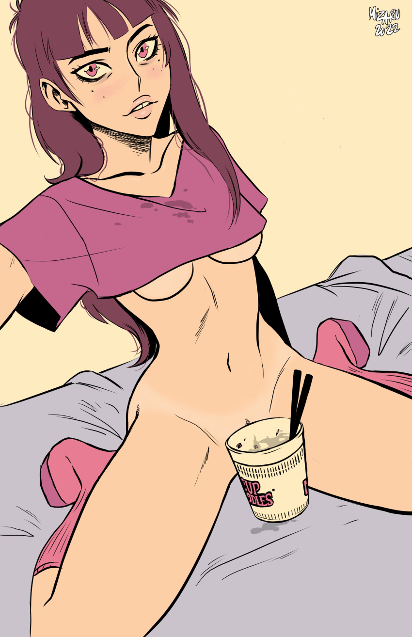 absurdres brown_hair chopsticks crop_top food freckles highres mizaru_(mizarusketch) no_panties no_pants noodles on_bed original pink_eyes pink_legwear pink_shirt pubic_hair pubic_hair_peek ramen selfie shirt socks tan tanlines