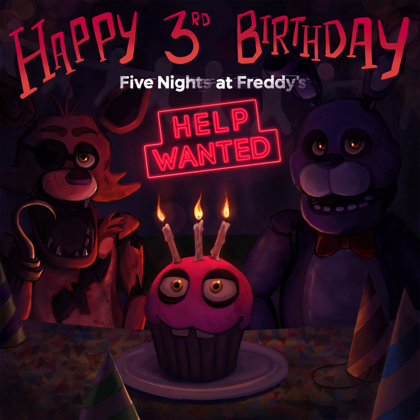 absurd_res ambiguous_gender animatronic anthro bonnie_(fnaf) bow_tie buckteeth cakepaints candle candlelight canid canine clothing cupcake_(fnaf) dripping dripping_wax english_text eye_patch eyewear fire five_nights_at_freddy's five_nights_at_freddy's_vr:help_wanted food food_creature fox foxy_(fnaf) group happy_birthday hat headgear headwear hi_res hook_hand lagomorph leporid light lit_candle logo looking_at_viewer machine male mammal open_mouth party_hat plate purple_body rabbit red_body red_eyes robot scottgames sharp_teeth teeth text video_games