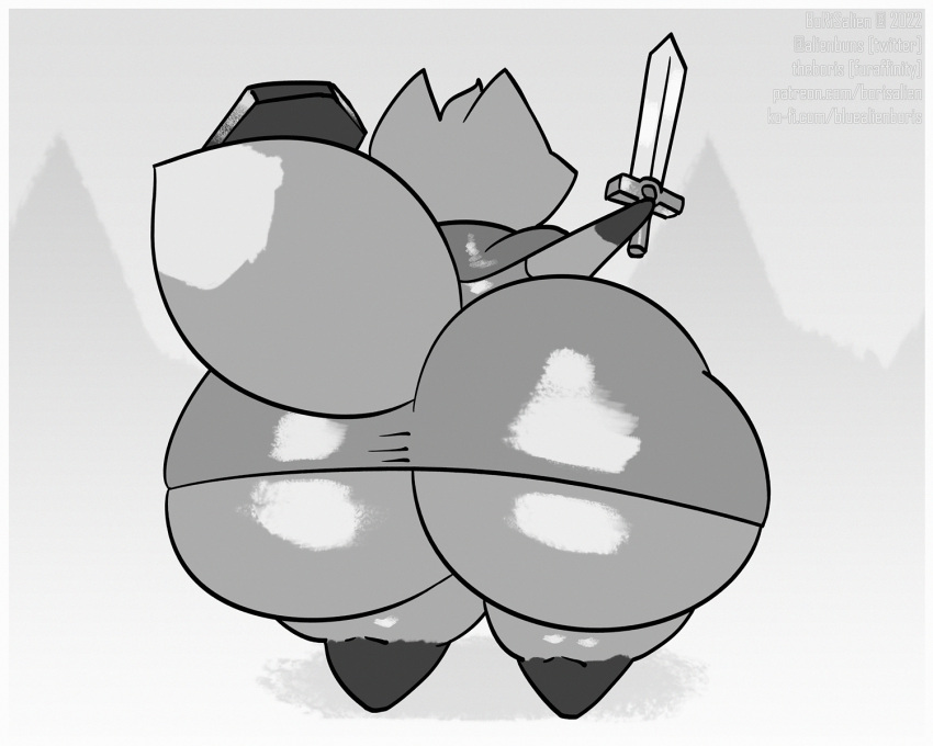 ambiguous_gender anthro big_butt borisalien butt canid canine clothing fox hi_res holding_object holding_shield holding_sword holding_weapon huge_butt hyper hyper_butt mammal melee_weapon monochrome ruin_seeker shield solo sword tunic tunic_(video_game) weapon
