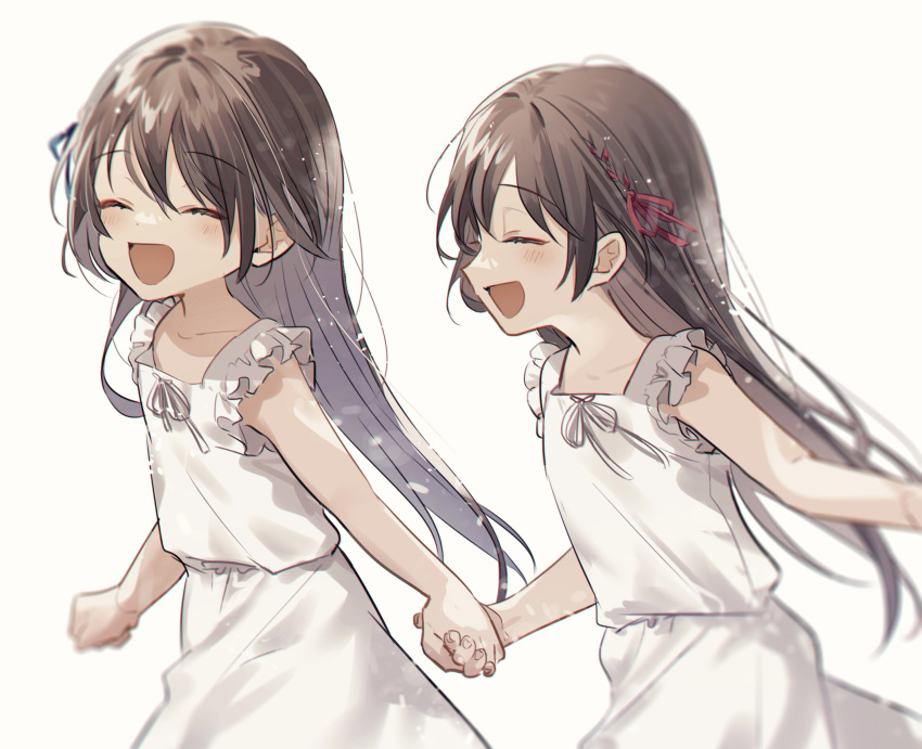 2girls absurdres brown_hair child closed_eyes dress highres holding_hands laughing long_hair multiple_girls open_mouth original ribbon sake_(utopia_modoki) siblings simple_background sisters sleeveless sleeveless_dress smile sundress twins white_background white_dress