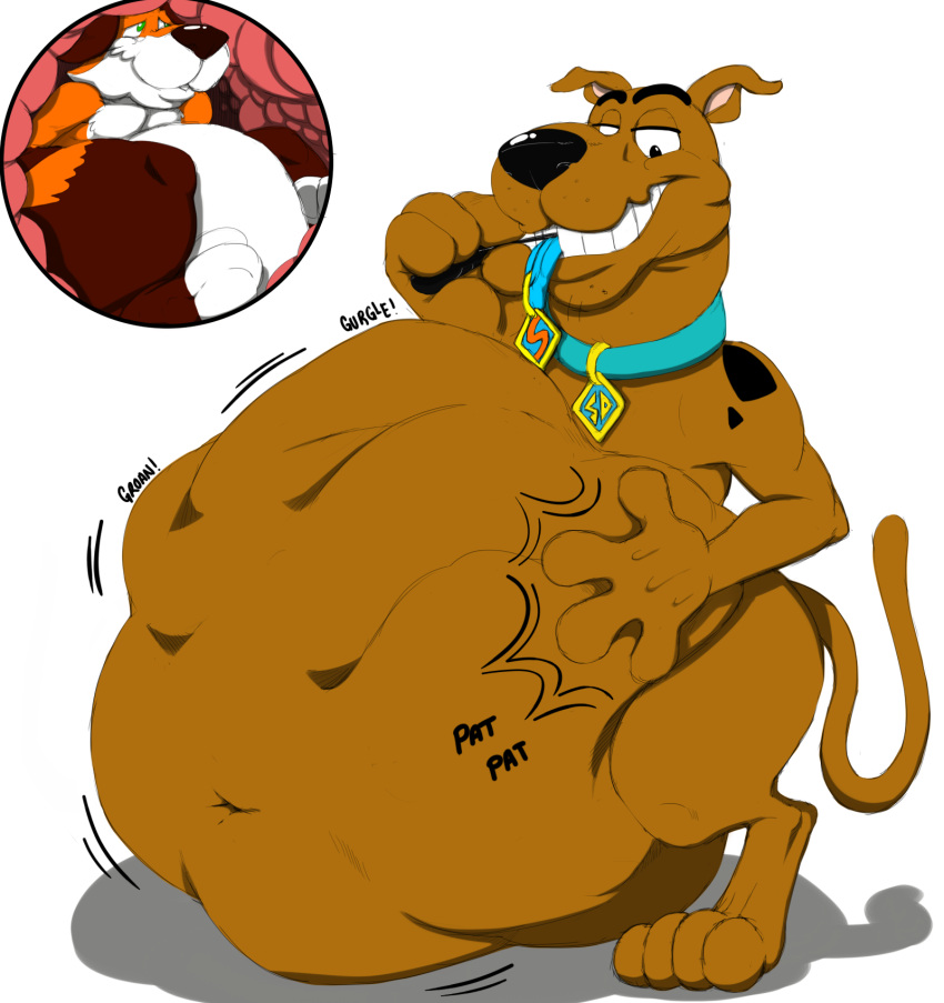 abdominal_bulge anthro belly big_belly brown_body brown_fur canid canine canis domestic_dog duo feral fox fur great_dane hand_on_stomach hanna-barbera heartman98 hi_res hybrid internal kangaroo macropod male male/male mammal marsupial mastiff molosser nine_the_foxaroo orange_body orange_fur organs same_size_vore scooby-doo scooby-doo_(series) stomach vore