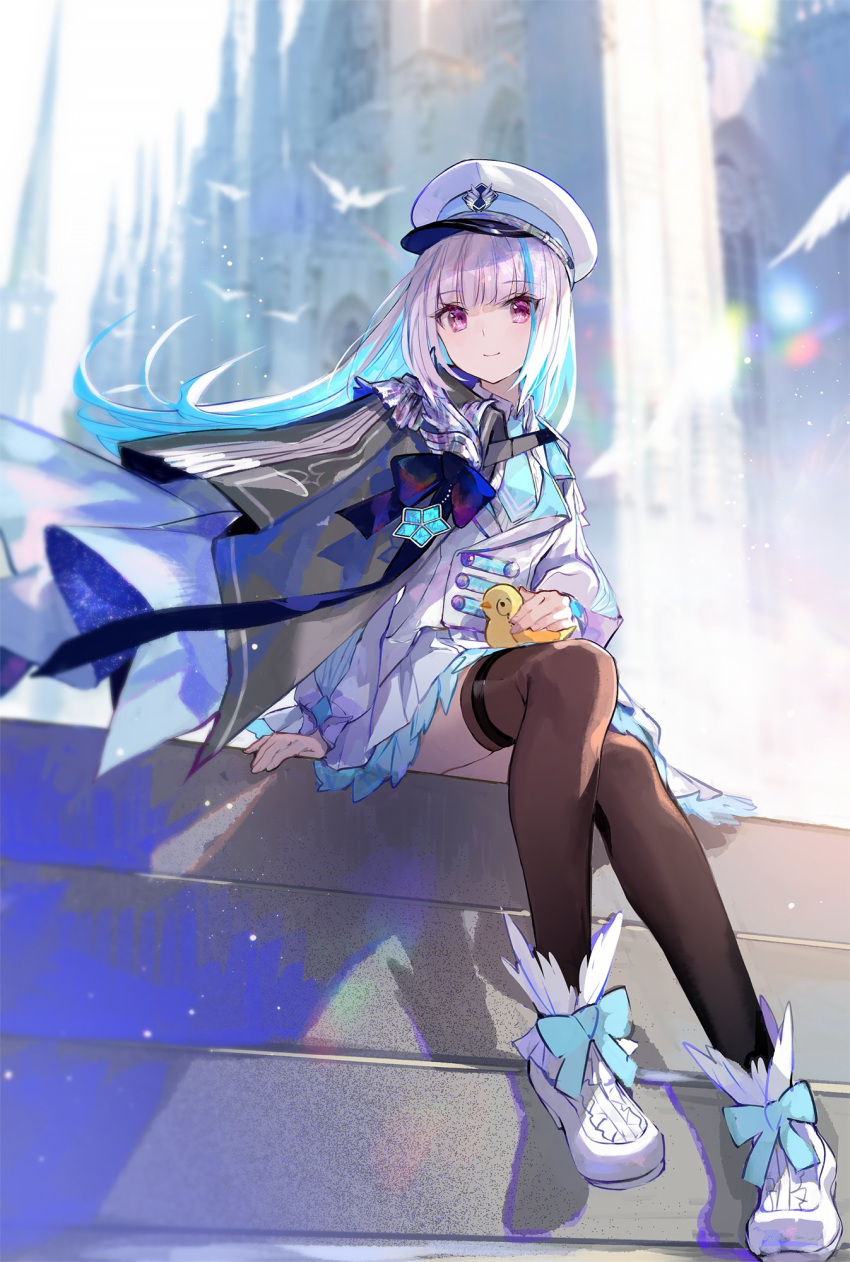 1girl animal aqua_necktie bangs bird blue_bow blue_hair blunt_bangs bow breasts cape church colored_inner_hair dress duck duckling eyebrows_visible_through_hair footwear_bow frills full_body fuzichoco grey_hair hat highres jacket lize_helesta long_hair long_sleeves looking_at_viewer military_hat monocle multicolored_hair necktie nijisanji official_alternate_costume outdoors peaked_cap puffy_sleeves purple_eyes sebastian_piyodore sitting skirt smile stairs thighhighs uniform virtual_youtuber white_dress white_footwear white_headwear white_jacket zettai_ryouiki